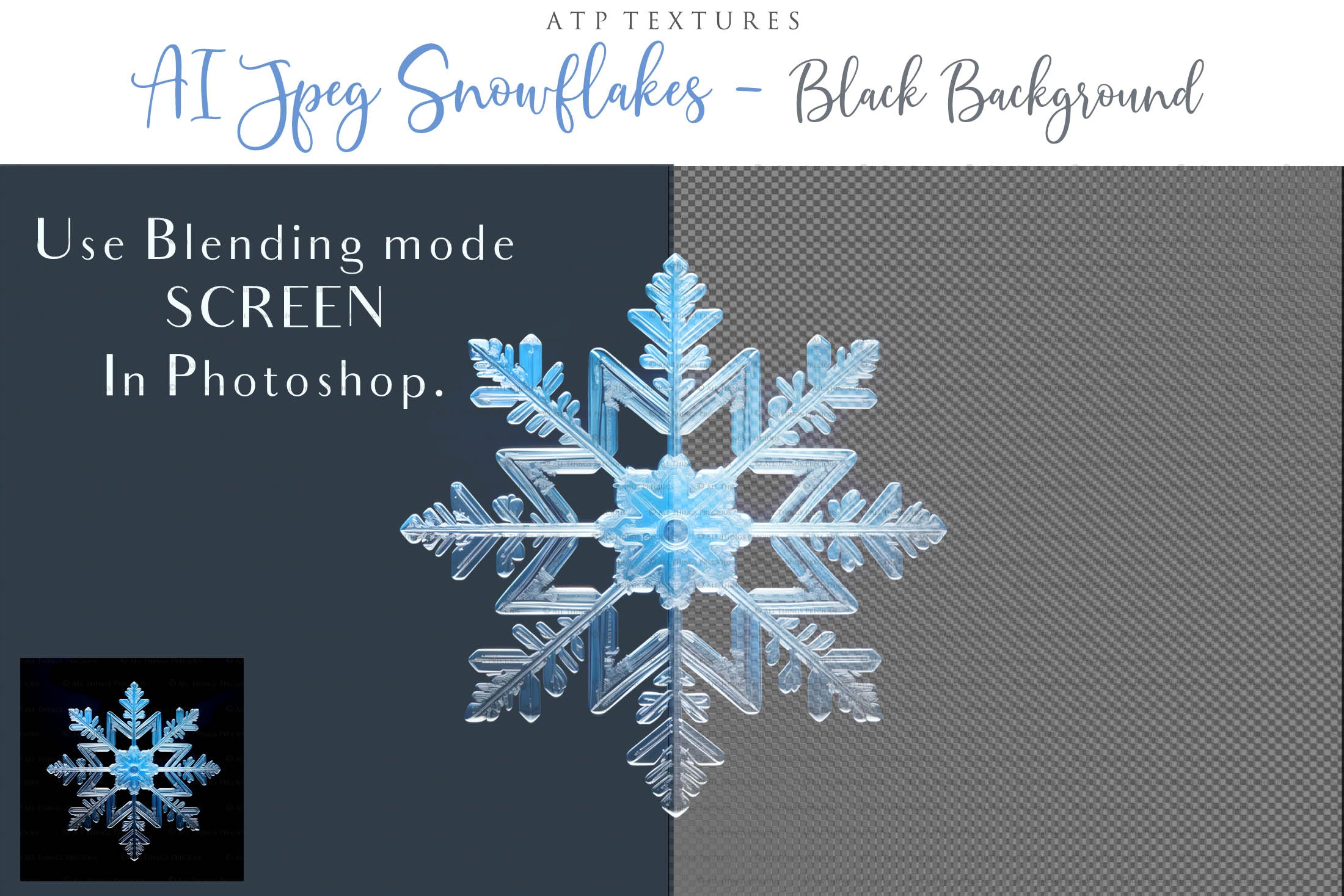 Real Snowflake Overlays & Brushes! A gorgeous addition to your beautiful photography, scrapbooking or digital art work! This set includes 60 Png Overlays 60 Jpeg Overlays 80 Photoshop brushes Instructions are included. All PNG overlays are 300dpi in high resolution.
